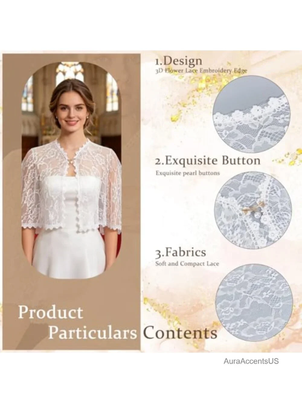 Lace Wedding Shawl Wrap with Pearl Button Elegant Bridal Cape for Evening Dress